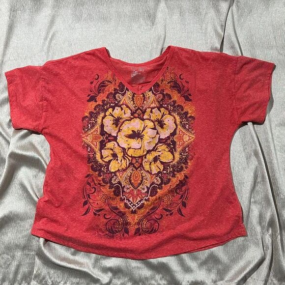 Coral Y2K style floral graphic short sleeve size 1X - Picture 2 of 6